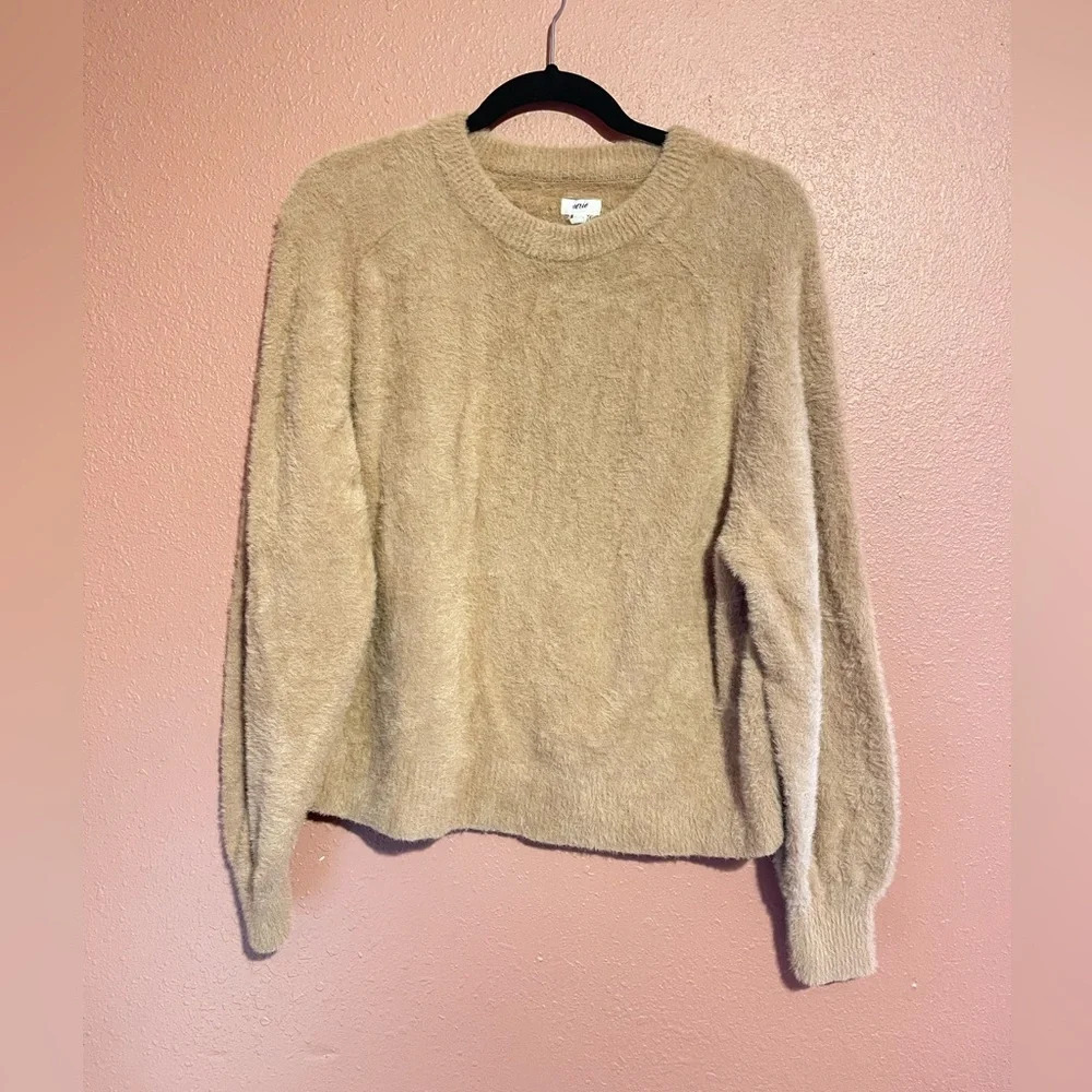 AERIE Tan Brown long sleeve fuzzy eyelash crewneck sweater‎ size XS